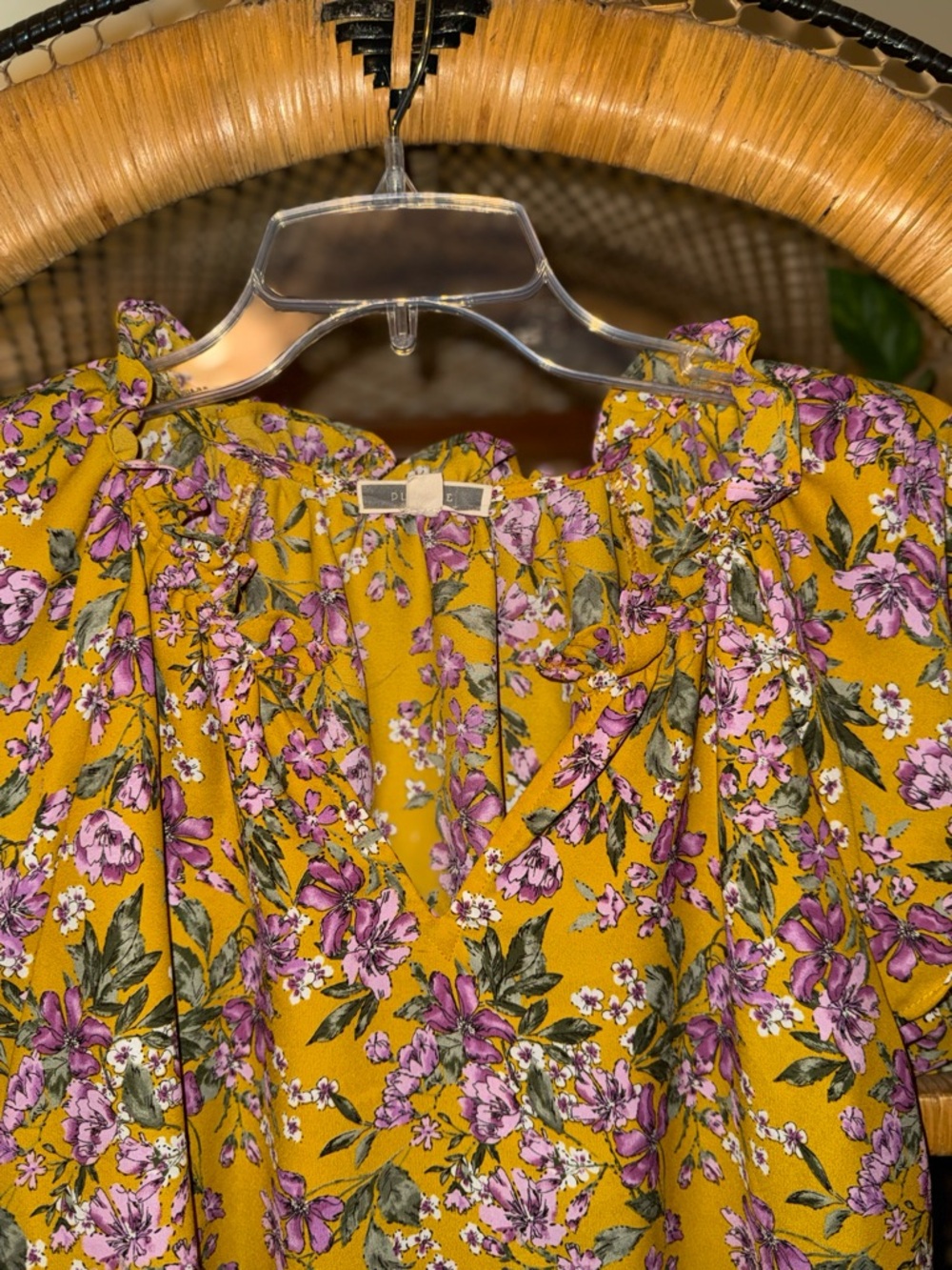 Pleione Mustard Floral V-Neck Ruffle Sleeve Top - Picture 4 of 5